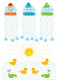 an image of ducks in the water with sun and clouds above them on white background