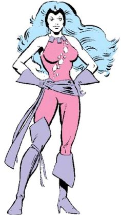 a drawing of a woman in pink and purple with long hair, wearing high heeled boots