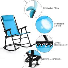 a blue rocking chair with instructions on how to put it in the back and side