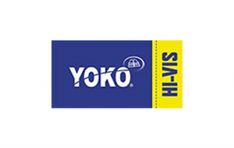 the yoko logo is shown in blue and yellow with white letters that read,