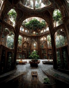 the inside of a building with lots of windows and plants growing on it's walls