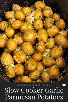 These Slow Cooker Garlic Parmesan Potatoes are the perfect super easy side dish. You only need small yellow or red potatoes, garlic, butter, olive oil, seasonings, and a crock pot! Crock Pot New Potatoes Recipes, Best Crock Pot Side Dishes, New Potatoes Crockpot, Easy Small Red Potato Recipes, Garlic Parmesan Mushrooms Crockpot, New Potatoes In Crock Pot, Slow Cooker Mini Potatoes, Yellow Potatoes In Crockpot, Cheesy Potatoes In Crock Pot