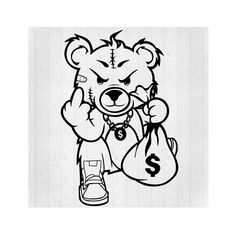 a black and white drawing of a teddy bear holding a money bag with the dollar sign on it