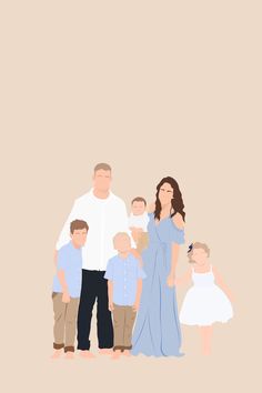 a family is standing together in front of a beige background