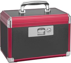 a red and black tool box with handle on it's side, isolated against a white background