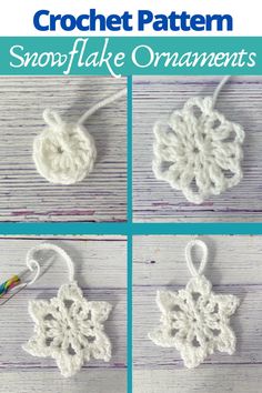 crochet snowflake ornaments are shown in four different pictures and the text is written