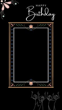 a happy birthday card with an ornate frame and flowers on the front, in black background