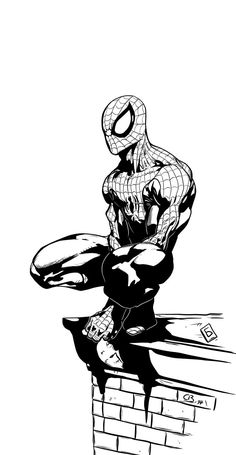 a black and white drawing of a spiderman sitting on top of a brick wall