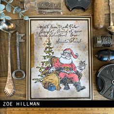 a christmas card surrounded by tools and other items