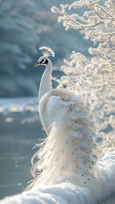 a white peacock is standing in the water