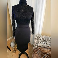 Black Lace Top Dress Sexy! Black Glamorous Stretch Midi Dress, Glamorous Black Stretch Midi Dress, Black Fitted Midi Dress For Party, Glamorous Stretch Black Midi Dress, Black Dressy Midi Dress For Night Out, Black Dressy Bodycon Dress For Party Season, Black Dressy Bodycon Dress For Night Out, Dressy Stretch Midi Dress For Night Out, Dressy Black Bodycon Dress For Night Out