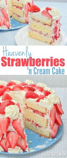 a cake with strawberries and cream on top is cut into slices to show the layers