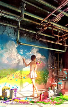 a woman standing in front of a window next to a wall with paintings on it