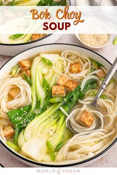 a bowl of soup with noodles, vegetables and tofu