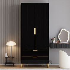 a black and gold cabinet in a living room next to a white chair with a mirror on it