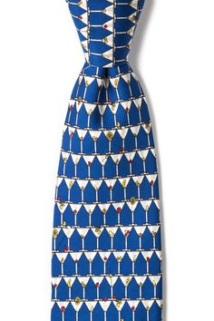 Martinis, martinis and more martinis!  This Stack of Martinis men's necktie just keeps those cocktails coming. Whether you order it with vodka or gin, this Alynn Neckwear tie is a gentleman's classic with a blue background covered in differently garnished martinis, this 100% silk tie will remain a staple in your wardrobe. Imported. Blue Tie For Father's Day Party, Blue Dapper Suit And Tie Accessories For Party, Father's Day Party Ties, Blue Suit And Tie Accessories For Summer Party, Classic Blue Ties For Party, Classic Blue Party Tie, Classic Blue Party Ties, Adjustable Party Ties For Father's Day, Dapper Summer Party Suit And Tie Accessories