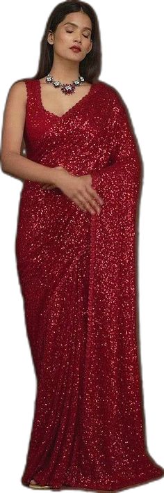 Red Sequined Pre-draped Saree For Evening, Glamorous Georgette Saree For Navratri, Bollywood Style Sequin Fabric For Navratri, Red Semi-stitched Saree With Sequins, Semi-stitched Red Saree With Sequins, Red Sequined Pre-draped Saree For Party, Red Bollywood Saree For Evening, Glamorous Saree For Festive Celebrations, Glamorous Saree For Festivals And Celebrations