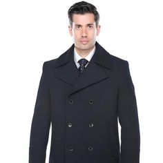 Buttons Closure Double Breasted Wide Notch Lapel Slash Pockets Material : Wool Blend Color : Navy Single-breasted Peacoat For Formal Spring Events, Spring Single-breasted Peacoat For Formal Occasions, Spring Formal Peacoat With Button Closure, Spring Formal Single-breasted Peacoat, Fitted Double-breasted Peacoat With Hidden Buttons, Navy Outerwear With Double Button Closure And Suit Collar, Formal Solid Color Double-breasted Peacoat, Fitted Pea Coat With Suit Collar For Winter, Fitted Winter Pea Coat With Suit Collar