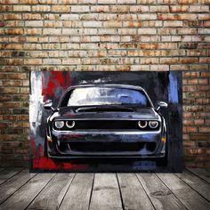 a painting of a black car on a brick wall in front of a wooden floor