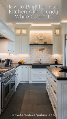 a kitchen with white cabinets and black counter tops is featured in the article how to brighten your kitchen with friendly white cabinets