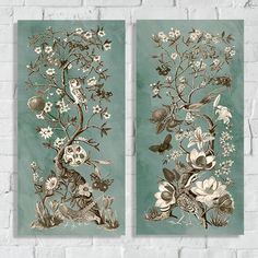 two wall hangings with flowers and birds on them, one is green and the other is brown