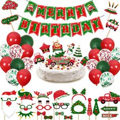 an assortment of holiday themed party items including cake, balloons and decorations for a birthday