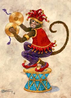 a painting of a monkey on top of a drum and wearing a red dress with gold accents