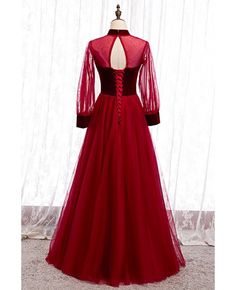 Buy burgundy aline tulle formal dress with collar illusion long sleeves at affordable price online. Free shipping and pro custom service since 2009. Fitted Tulle Gown With Long Sleeves, Fitted Long Sleeve Tulle Gown, Fitted Tulle Evening Dress With Long Sleeves, Long Sleeve Tulle Evening Dress With Fitted Bodice, Prom Evening Dress With Illusion Neckline And Long Sleeves, Long Sleeve Tulle Evening Dress For Prom, Long Sleeve Tulle Evening Dress With Sheer Sleeves, Long Sleeve Evening Dress With Illusion Neckline For Prom, Evening Dress With Sheer Long Sleeves In Tulle