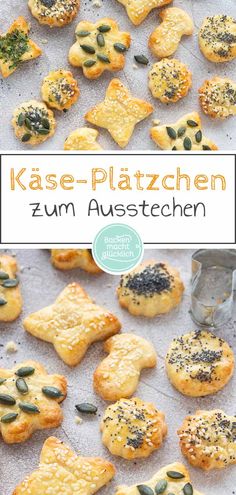 an image of some cookies with seeds on them and the words kase - platzen zum ausstechen