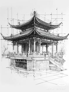 a black and white drawing of a chinese building with scaffolding on it's sides