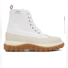 New In Box Modern White Boots With Lug Sole, Modern White Boots With Rubber Sole, White Low-top Boots With Rubber Sole, White Lace-up Boots With Textured Sole, Modern White Low-top Boots, White Low-top Boots With Textured Sole, Thom Browne Shoes, Duck Boot, Brogue Boots