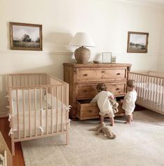 neutral nursery with landscape prints Nursery With Two Cribs, Two Crib Nursery, Baby Nursery Room Ideas, Twin Nursery Ideas, Twin Nursery, Nursery Room Boy