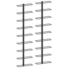 three black metal racks with four different sized shelves on one side and two smaller ones on the other