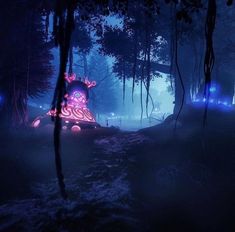 a strange looking creature in the middle of a forest at night with lights on it