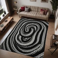 a living room filled with furniture and a spiral rug