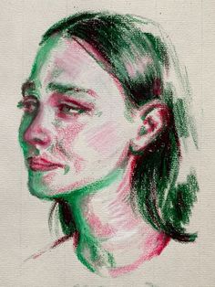 a drawing of a woman's face in green and pink