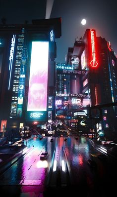 a city street at night with neon lights