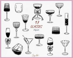 Wine Glass Clip Art, Cocktail Line Drawing, Wine Glasses Drawing, Cocktail Glasses Illustration, Wine Glass Doodle, Shape Sketch, Wine Glass Tattoo, Trend Illustration