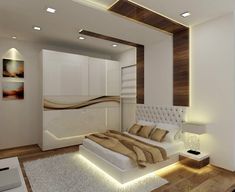 a modern bedroom with white and brown decor