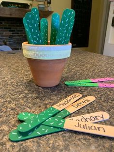 a potted cactus sitting on top of a counter next to some wooden name tags