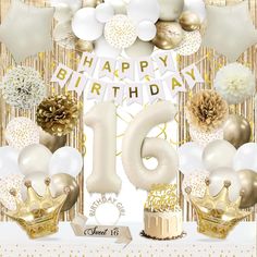 an image of a birthday party with gold and white decorations, balloons and streamers