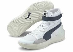 PUMA Sky Modern "White/Peacoat" Men's Basketball Shoe Basketball flash was highkey special in the 80s. The hair was big. The dunks were bigger. And if you wanted to flex, you were soaring in a pair of big and bold mid-tops. With the Sky Modern, we’re keeping the 80s design vibes alive with our iconic mid-top silhouette, but adding modern PUMA Hoops tech to the mix, like ProFoam cushioning, perfect for any playstyle, and high-abrasion grip for peak stability. With this court-ready pair of kicks, Puma Basketball Shoes, White Peacoat, Peacoat Men, Retro Jordans 11, Jordans Girls, Nike Elite Socks, Modern Shoes, Nike Air Jordans, Nike Basketball Shoes