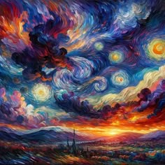 an oil painting of the night sky with stars and clouds