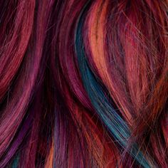 Desert Sunset Hair Color, Red Hair With Fun Colors, Curly Sunset Hair, Copper Hair With Purple Peekaboos, No Dye Hair Color, Peekaboo Copper Hair, Sunset Copper Hair, Red Hair With Colored Highlights, Copper Purple Hair