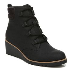 Take any look to the next level of style and comfort in these hiker-inspired LifeStride Zone wedge booties with a standout mixed-material design. Take any look to the next level of style and comfort in these hiker-inspired LifeStride Zone wedge booties with a standout mixed-material design. SHOE FEATURES Faux leather, microsuede, or fabric upper with a round toe, inside zipper, lace-up front, stretch sweater knit collar, back pull tab, painted welt detail, and treaded sole Toe box and heel count