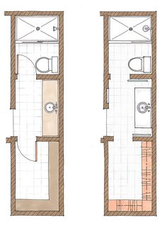 the floor plan for a small bathroom is shown in two separate sections, one with a toilet and sink