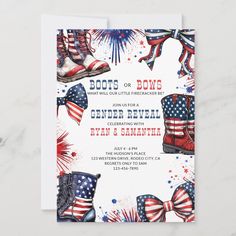 an american themed birthday party with boots and stars on the front, red white and blue