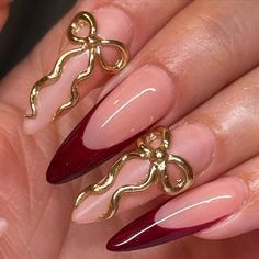 Genre Nails, Red French Tip Almond Nails, Stiletto Nails Designs Classy, Classy Stiletto Nails, Red Gold Nails, Nail Gold, Classic French Tip, Artsy Nails, Red French Tip