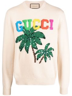 Gucci Sweater, Knit Edge, Crewneck Design, Wool Jumper, Palm Tree Print, Favorite Sweater, Mix Color, S Crew, Wool Knit