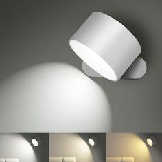 three different angles of a wall light in various colors and sizes, with the same lighting fixture on each side